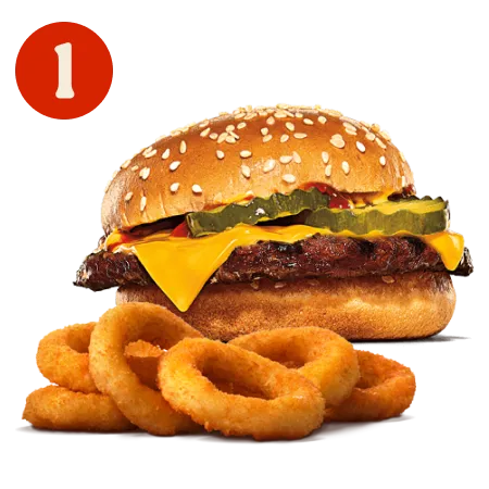 Gazetka promocyjna Burger King. Tytuł: Cheeseburger + Onion Rings 6szt.. Oferta obowiązuje: 2023-03-06 - 2024-12-31